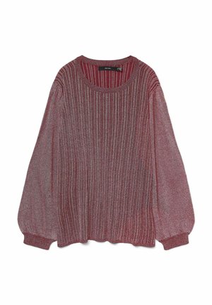 Suéter de punto acanalado en un tono rojo profundo con mangas largas y abullonadas y un escote redondo. Textura suave y puños elásticos en el dobladillo.