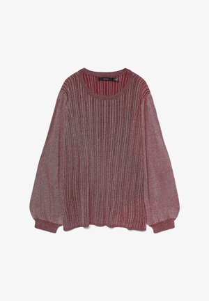Ribbed knit sweater in a deep red hue with long, puffed sleeves and a round neckline. Soft texture and elastic cuffs at the hem.