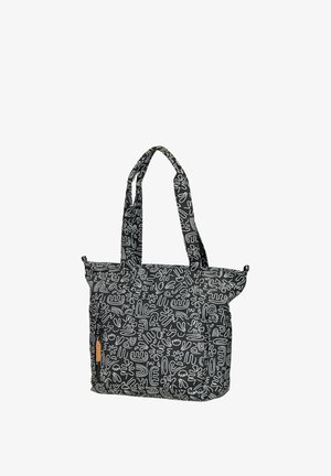 Schwarze Tragetasche mit weißen abstrakten Linienmustern, langen Griffen und einer vorderen Reißverschlusstasche.