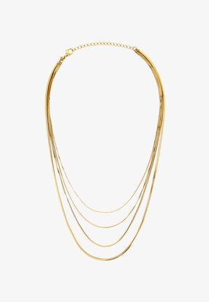 Collar de múltiples hebras en oro que presenta cuatro cadenas de serpiente elegantes de diferentes longitudes, aseguradas con un cierre de langosta y un extensible ajustable.
