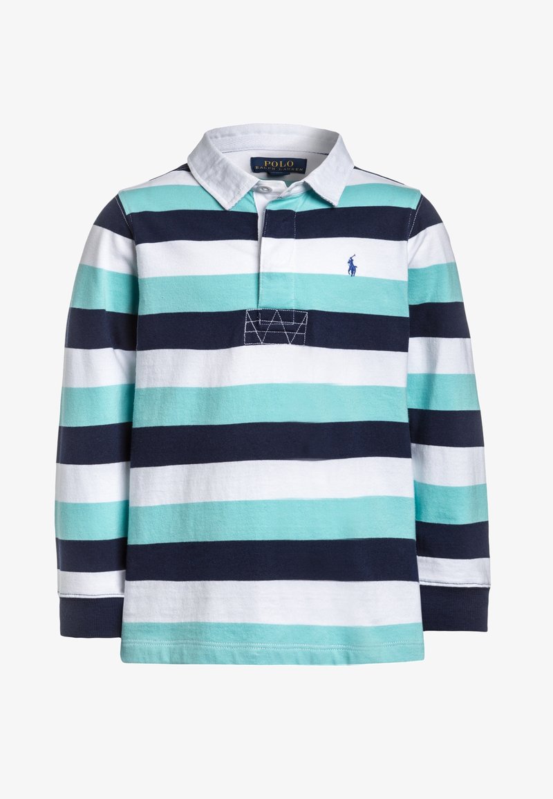 Polo à manches longues avec des rayures horizontales alternées bleu marine, blanches et aqua. Design avec col et logo brodé sur la poitrine.