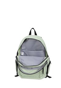 Zaino verde chiaro in tessuto con superficie texturizzata, dotato di una fodera grigia, due scomparti con cerniera e una maniglia superiore.