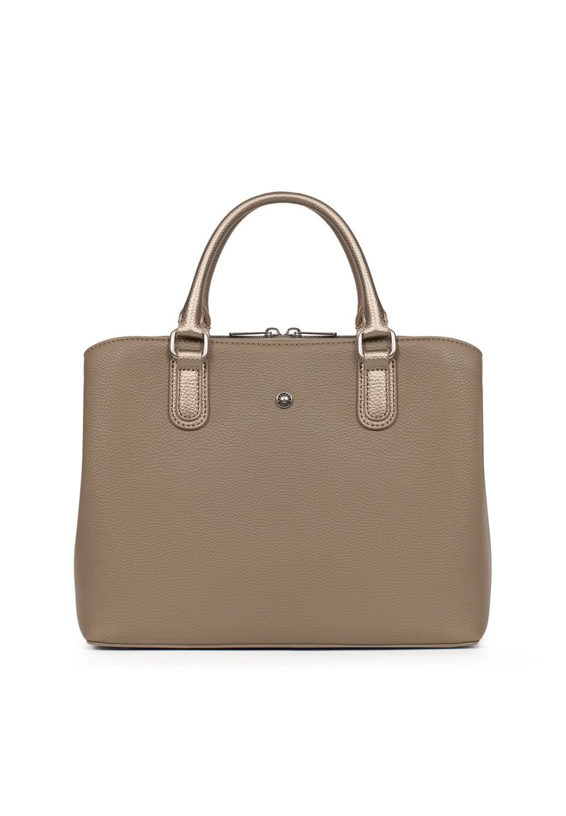 Beżowa torebka skórzana o strukturalnym wykończeniu, z zaokrąglonymi uchwytami, srebrnym okuciem i bezpiecznym zapięciem na górze.