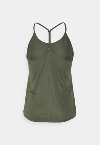 Olive green tank top with a fitted design, adjustable thin straps, and a textured back seam. Made from lightweight, stretchy material.