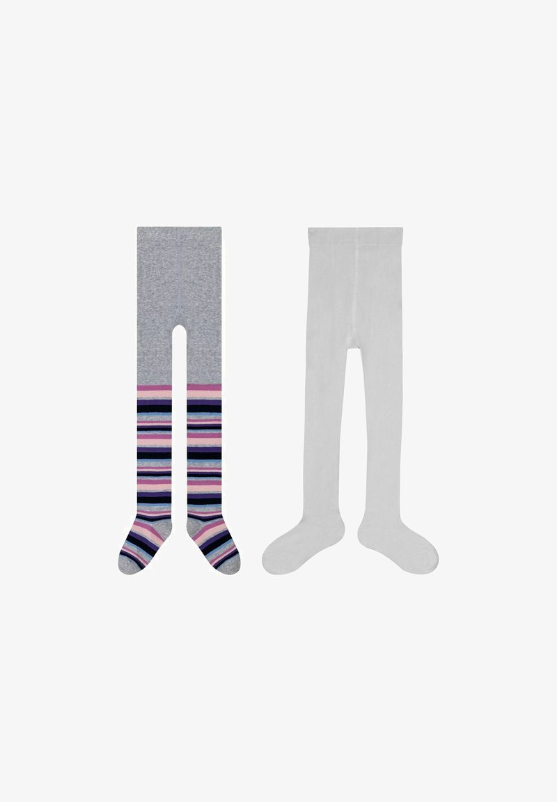 Collant grigi con un motivo a strisce multicolori nella parte inferiore della gamba e collant bianchi solidi. Entrambi hanno una consistenza morbida e liscia.