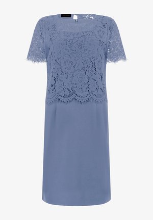 Light blue knee-length dress with floral lace bodice and short sleeves, solid fabric skirt, and round neckline with back button closure.