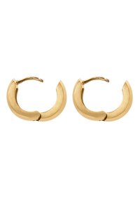 Goldene Reifenohrringe mit gebürsteter Oberfläche, die ein dickes, kurviges Design aufweisen und an einer Stelle teilweise geöffnet sind, um das Tragen zu erleichtern.