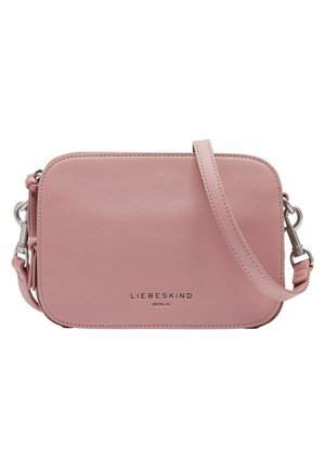 Rectangular dusty pink leather crossbody bag with silver hardware, adjustable strap, and "Liebeskind Berlin" logo on front.