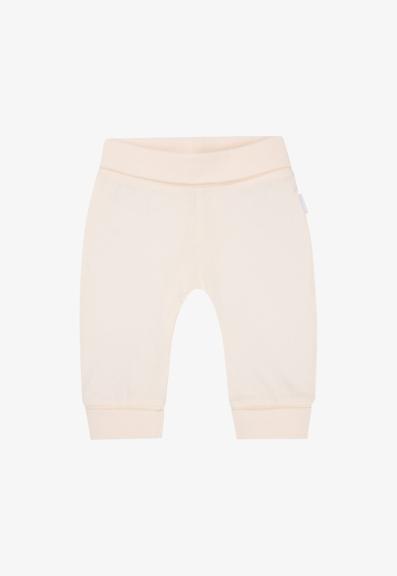 Lichte crèmekleurige katoenen blend broek met een elastische tailleband en geribbelde manchetten, met een eenvoudig, effen ontwerp zonder patronen of versieringen.