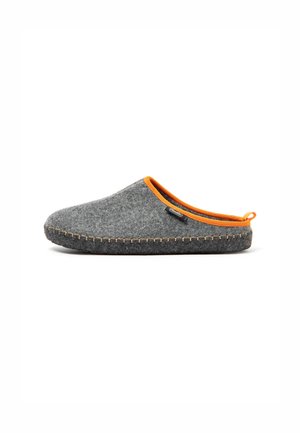 Gray felt slipper with an orange collar, flat design, exposed stitching, and a looped tab at the back for easy wear.