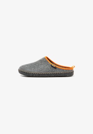 Gray felt slipper with an orange collar, flat design, exposed stitching, and a looped tab at the back for easy wear.
