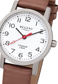 Titanium watch with a white dial, black numerals, and red second hand; brown textured leather strap. Water-resistant to 5 bar.