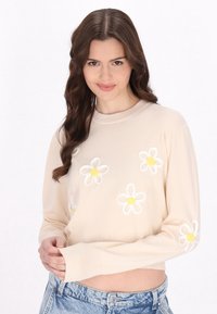 Pulover tricotat bej, cu guler rotund și croi scurt, având flori de mușețel brodate în alb cu centre galbene pe față și pe mâneci.