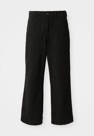 Pantaloni neri a gamba larga realizzati in tessuto morbido, dotati di tasche frontali e chiusura a bottone in vita. Design minimalista senza motivi visibili.