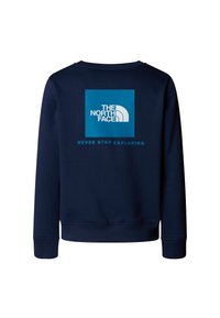 Φούτερ σε ναυτικό μπλε από απαλό ύφασμα με τετράγωνο λογότυπο σε τιρκουάζ χρώμα που γράφει "THE NORTH FACE" και "NEVER STOP EXPLORING".