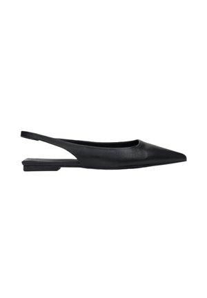 Czarne skórzane buty typu slingback na płaskiej podeszwie, z wąskim noskiem, minimalistycznym designem i niskim kwadratowym obcasem, z wycięciem z tyłu.
