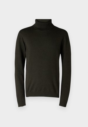 Temno zeleni pulover s turtleneck iz mehke pletene tkanine, ki ima dolge rokave ter rebraste manšete in rob. Gladka tekstura z minimalnimi detajli.