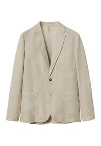 Beżowa marynarka z lnu z klapami, z pojedynczym zapięciem na guzik oraz dwoma przednimi kieszeniami naszytymi. Gładka struktura z delikatnym połyskiem.