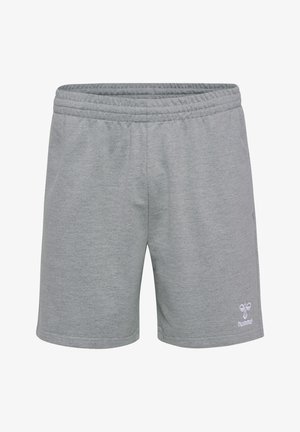Grijze sportshorts gemaakt van zachte stof met een elastische tailleband en een geborduurd logo aan de linksonder.