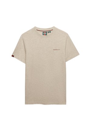 Beige Superdry T-shirt med korte ærmer, rund hals og lille broderet "Superdry & Co" logo på venstre bryst.