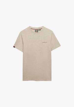 Beige Superdry T-shirt met korte mouwen, ronde hals en klein geborduurd "Superdry & Co" logo op de linkerborst.