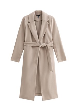 Beige long coat made of soft material, featuring a notched lapel, open front, and a tied waist belt. Smooth, untextured fabric.