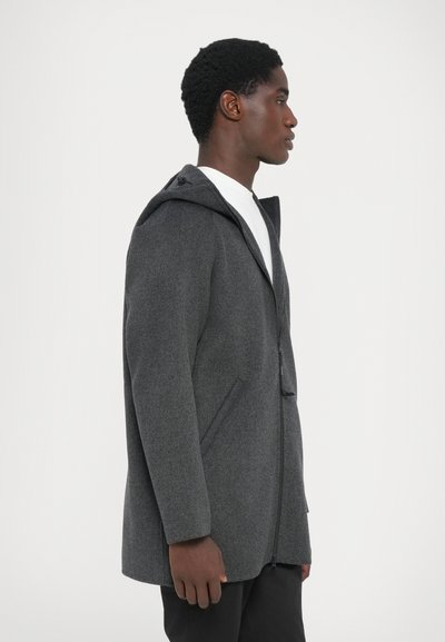 Gray hooded coat made of textured fabric, featuring a front zipper, side pockets, and a slightly longer, tailored silhouette.