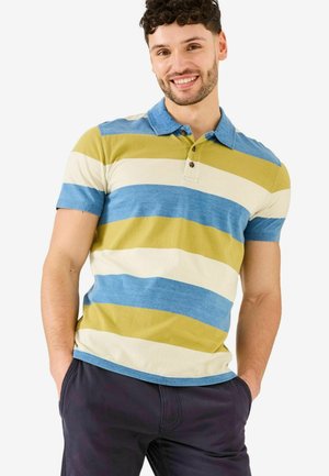 Short-sleeve polo shirt featuring horizontal stripes in blue, green, and cream. Collared design with three buttons, soft cotton fabric, relaxed fit.