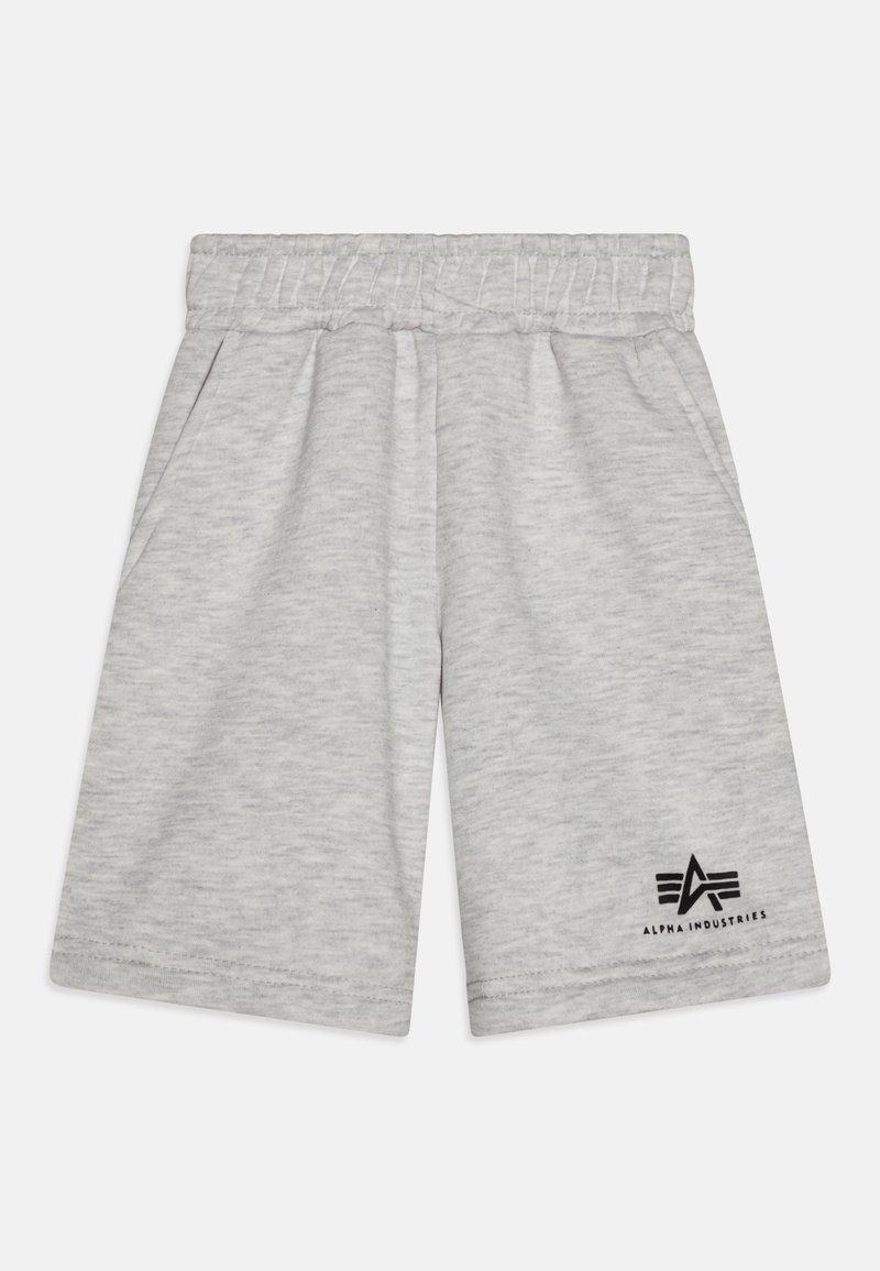 Sivé šortky z mäkkého materiálu s elastickým pásom, s jemnou textúrou a čiernym logom potlačeným v dolnom ľavom rohu.