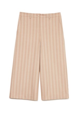 Pantaloni beige a gamba larga e corta, con righe verticali, chiusura con bottone e zip, passanti per cintura e tasche laterali.