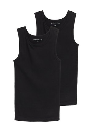 Black sleeveless cotton tank tops, featuring a smooth texture, round necklines, and no graphic designs, stacked on top of each other.