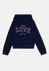 Felpa corta blu navy con cappuccio regolabile. Presenta la scritta "TRUE LOVE" in lettere rosa e bianche con un design scintillante. Tessuto morbido.