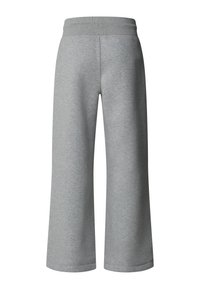 Housut harmaata väriä, valmistettu pehmeästä kankaasta, leveät lahkeet, joustava vyötärö ja viimeistellyt helma rentoa käyttöä varten.