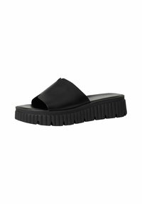 Black slide sandals with a wide, smooth leather upper and a thick, ridged rubber sole. Open-toe design provides a contemporary look.
