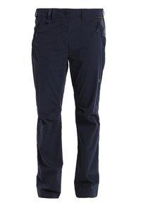 Navy blue outdoor pants with zippered side pockets, buttoned waistband, and belt loops, designed for a straight-leg fit.