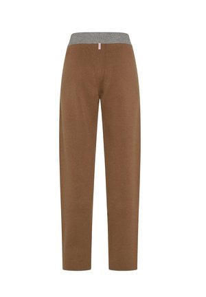 Pantaloni in cotone marrone con vita elastica grigia, caratterizzati da un design a gamba dritta e una texture morbida. Nessun motivo visibile o hardware.