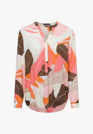 Langärmelige Bluse aus leichtem Stoff mit einem mehrfarbigen abstrakten Muster in Pink, Orange, Braun und Creme, mit einem V-Ausschnitt und Knopfleiste.