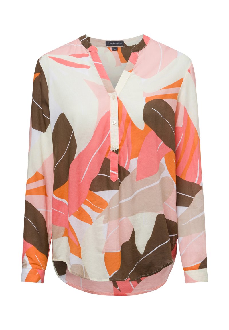 Langärmelige Bluse aus leichtem Stoff mit einem mehrfarbigen abstrakten Muster in Pink, Orange, Braun und Creme, mit einem V-Ausschnitt und Knopfleiste.