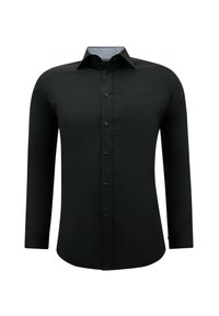 Zwart shirt met lange mouwen en knopen aan de voorkant, klassieke kraag en geborduurd logo op de borst. Glad stof met een getailleerd ontwerp.