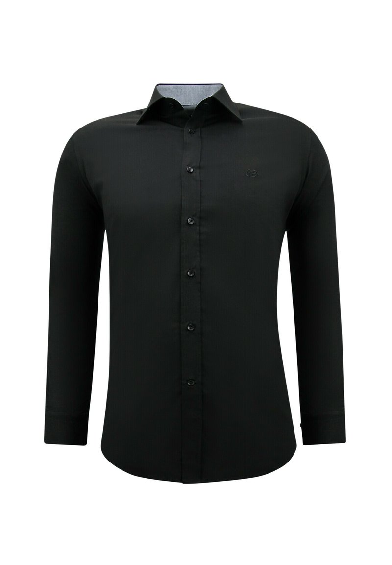 Zwart shirt met lange mouwen en knopen aan de voorkant, klassieke kraag en geborduurd logo op de borst. Glad stof met een getailleerd ontwerp.