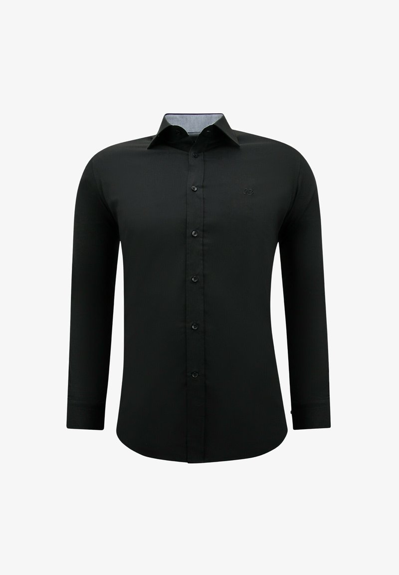 Zwart shirt met lange mouwen en knopen aan de voorkant, klassieke kraag en geborduurd logo op de borst. Glad stof met een getailleerd ontwerp.