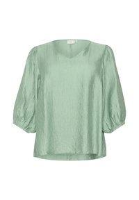 Blusa verde chiaro a maniche corte con scollatura a V, realizzata in tessuto testurizzato; presenta dettagli plissettati e maniche a palloncino.