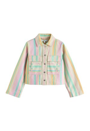 Kurz geschnittene Hemdjacke mit pastellfarbenen vertikalen Streifen in Rosa, Gelb, Grün und Blau, mit zwei vorderen Klappentaschen und einem Kragen.