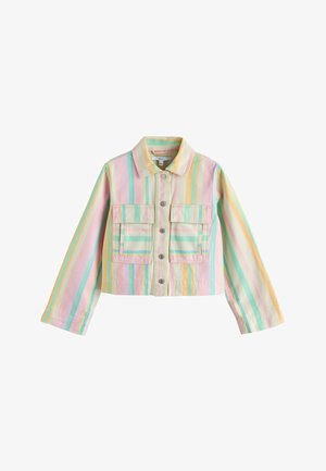 Kurz geschnittene Hemdjacke mit pastellfarbenen vertikalen Streifen in Rosa, Gelb, Grün und Blau, mit zwei vorderen Klappentaschen und einem Kragen.