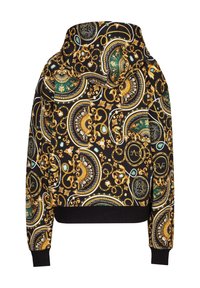 Hoody met een zwarte achtergrond en complexe gouden en groene cirkelpatronen. Geribbelde zoom en manchetten voor een aansluitende fit.