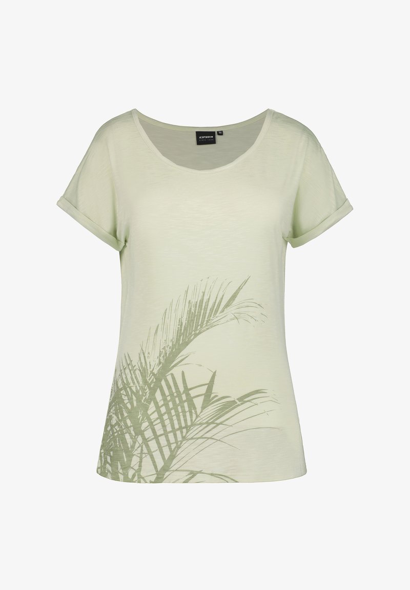 Camiseta de manga corta verde claro hecha de tela suave, con un estampado de hojas de palmera en la parte frontal y puños enrollados. Escote redondo.