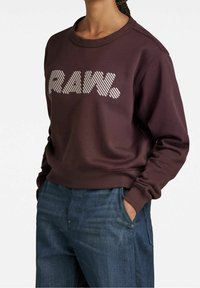 Brązowa bluza z prążkowanym dekoltem i mankietami. Na przodzie duże białe logo "RAW." z paskami. W zestawie z niebieskimi dżinsami.