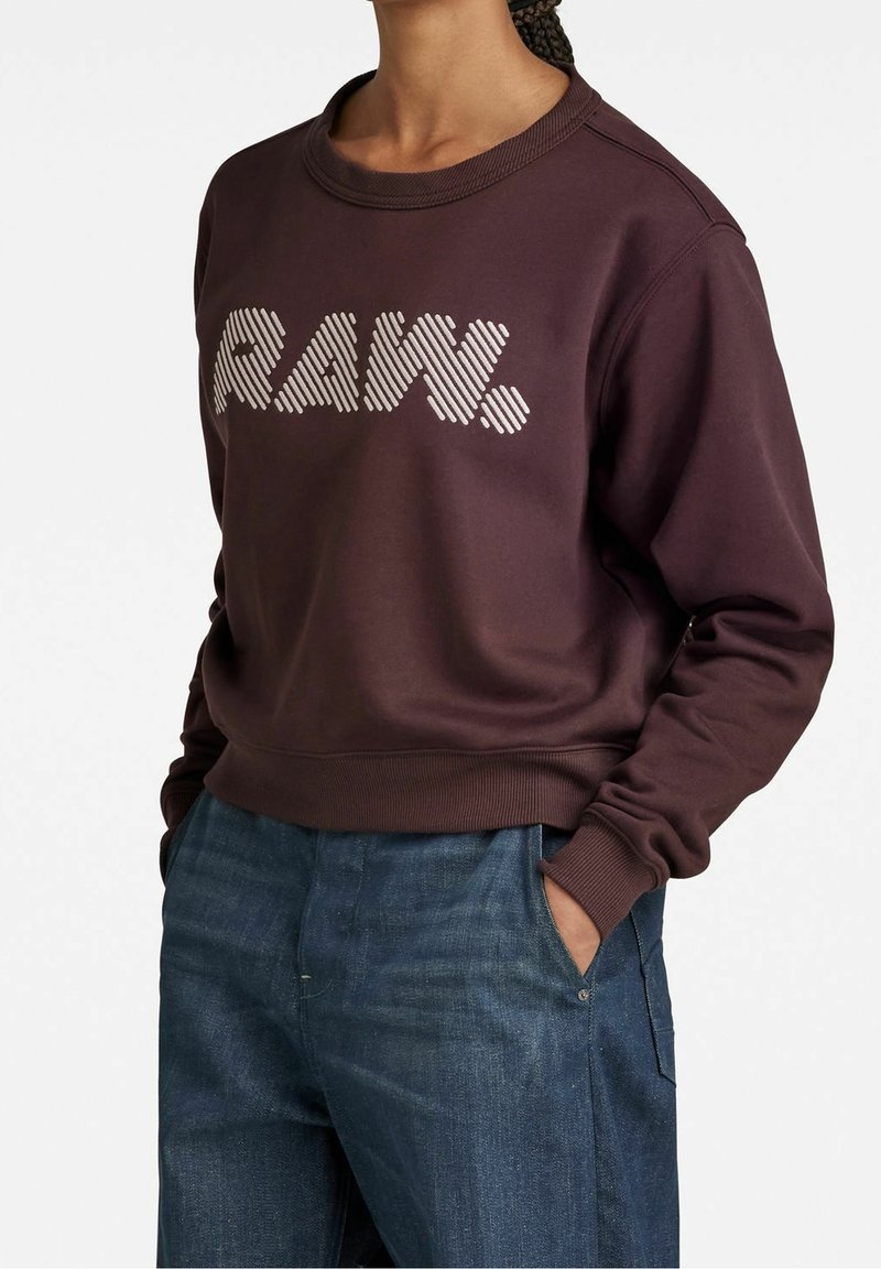 Brązowa bluza z prążkowanym dekoltem i mankietami. Na przodzie duże białe logo "RAW." z paskami. W zestawie z niebieskimi dżinsami.