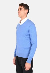 Maglione a V blu chiaro realizzato in morbido tessuto knit. Presenta maniche lunghe e polsini a coste. Abbinato a pantaloni scuri.