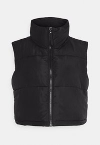 Czarna puchowa kamizelka z wysokim kołnierzem, zapinana na zamek błyskawiczny, bez rękawów i o pikowanej fakturze. Brak dodatkowych kieszeni lub ozdobników.